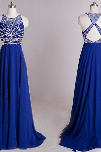 Royal Blue Evening Dress,Backless Formal Evening Gown,Beaded Prom Dress,Women Dress