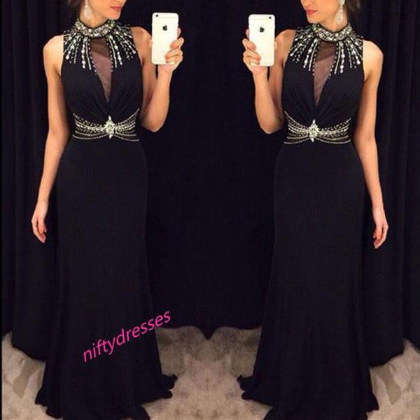 High Neck Black Chiffon Beading Long Evening Dress Party Dress Prom ...