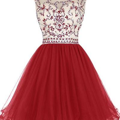 Sexy Prom Dress,Red Tulle Prom Gown,Beading Prom Dresses,Short ...