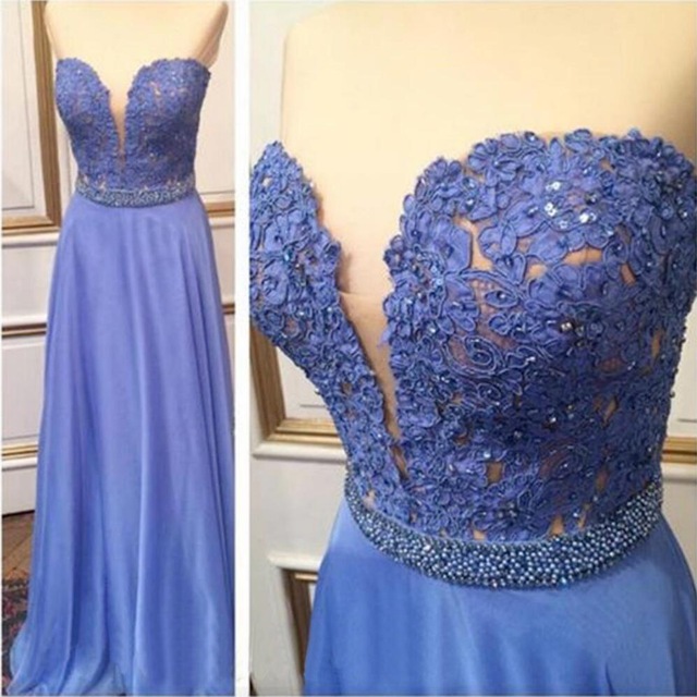 Blue Chiffon Prom Dress,Beaded Pearls Lace Evening Dress ,A Line