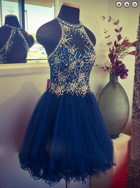 Tulle Prom Dress,crystal Luxury Navy Blue Prom Dress,beaded Party Gown ...